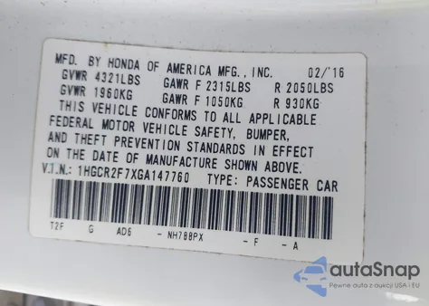 2016 Honda Accord Ex from USA, damaged, VIN 1HGCR2F7XGA147760